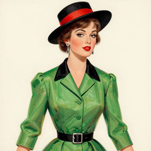 Digital illustration of a stylish woman with short brown hair, red lipstick, green dress with black collar, black belt, and black hat with red band.