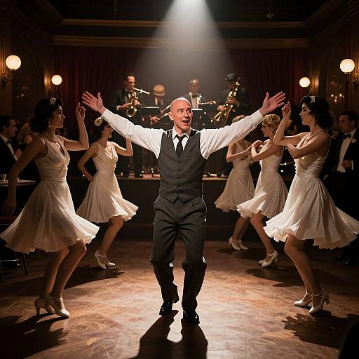 Photograph of a bald, middle-aged man in a black vest and white shirt leading a dance performance on stage, surrounded by women in white, fl