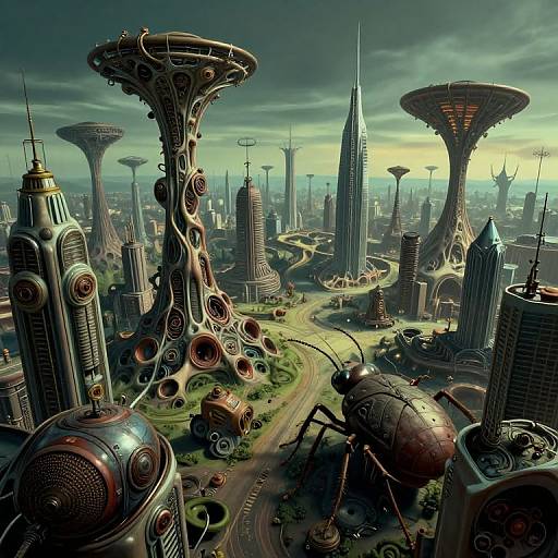 Digital art: Futuristic cityscape with towering, organic skyscrapers, intricate mechanical designs, and winding roads. Overcast sky, green landscapes,