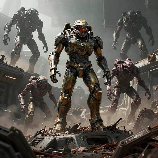 Digital art of a golden armored warrior standing triumphantly amid four dark, menacing robotic enemies in a ruined, dusty, futuristic city.
