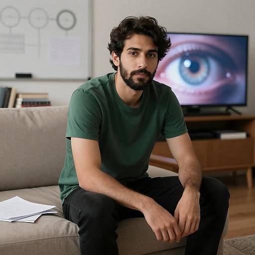 Contemplative Man in Cozy Living Room