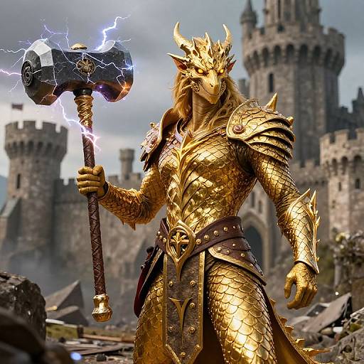Digital art: Golden armored, horned dragon warrior with glowing eyes, holding lightning-wielding hammer, standing in front of medieval stone castle.