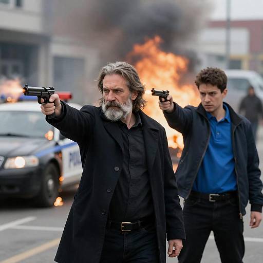 Two Men Firing Guns with Burning Police Car Background