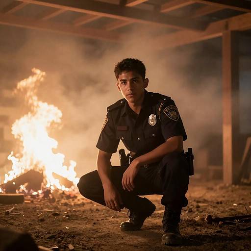 Photograph of a young male police officer, dark short hair, crouching in front of a burning fire, wearing black uniform with badge, in