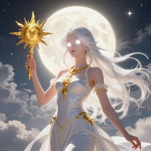 Manga-style Goddess with Glowing Eyes and Moon