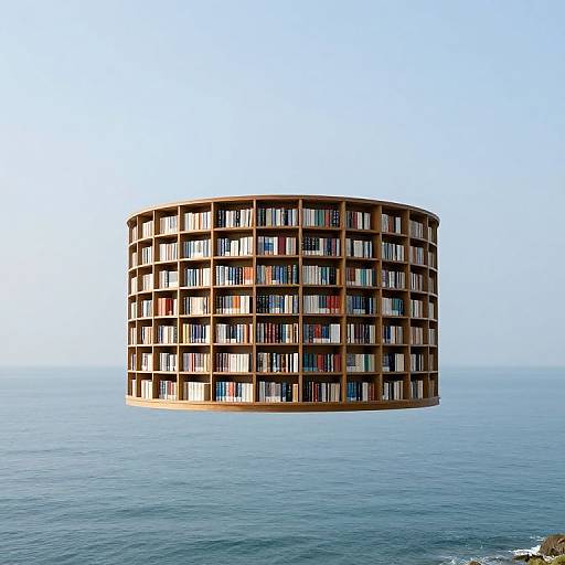 Photograph of a circular, modern, wooden building with grid-patterned balconies floating on calm, blue ocean under clear sky.