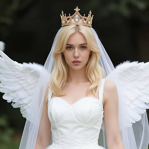Photograph of a blonde woman with fair skin, wearing a white wedding dress, gold crown, white angel wings, and veil, against a dark green