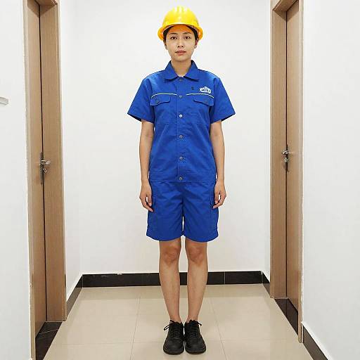 Woman in Blue Work Uniform with Hard Hat