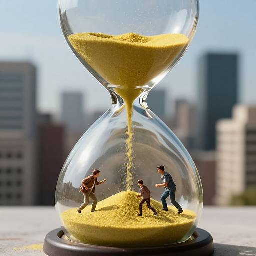 Photograph of a glass hourglass with tiny figurines of three men running sand, set against a blurred cityscape background.