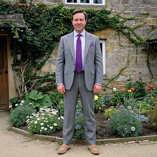 Photograph of a smiling man in a gray checked suit, purple tie, and brown shoes standing in front of a stone house with ivy, flower