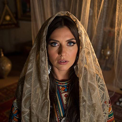 Photograph of a dark-haired woman with blue eyes, wearing a patterned, lace headscarf and colorful traditional dress, illuminated by warm light in