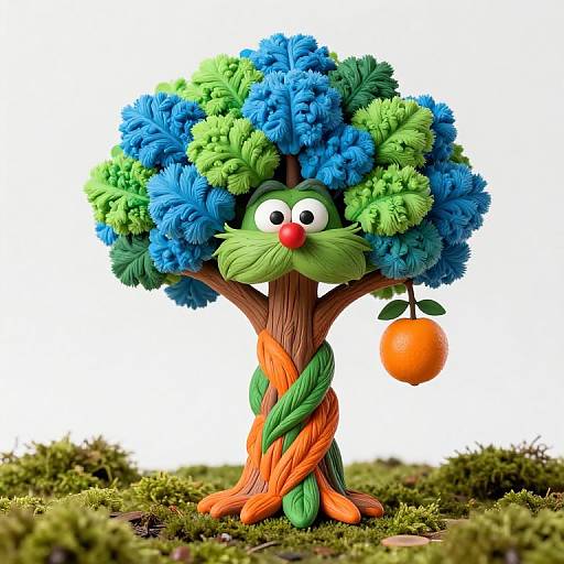 CGI cartoon tree with green and blue fluffy foliage, orange twisted trunk, green leaves, red nose, and a single orange hanging. White background,