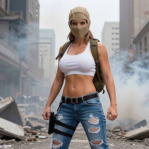 Photorealistic digital image of a muscular woman with tan skin, wearing a beige balaclava, white crop top, and ripped jeans, standing