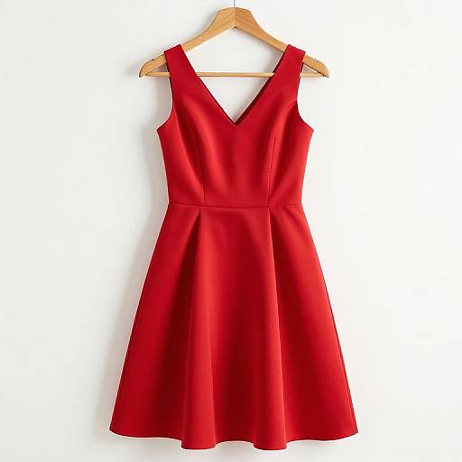 Photograph of a vibrant red, sleeveless, V-neck dress with a flared skirt, hanging on a wooden hanger against a white background.