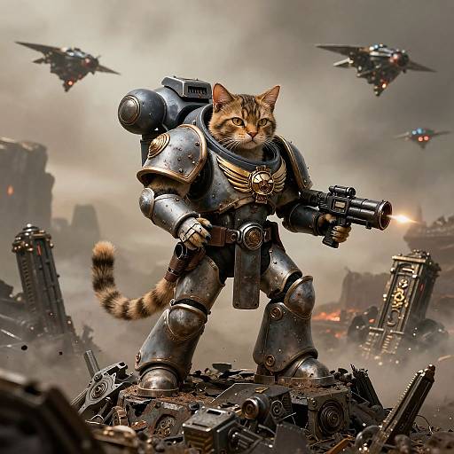 Digital artwork of a battle-ready, armored tabby cat with a gun, standing on wreckage with three flying drones in a smoky, war-torn