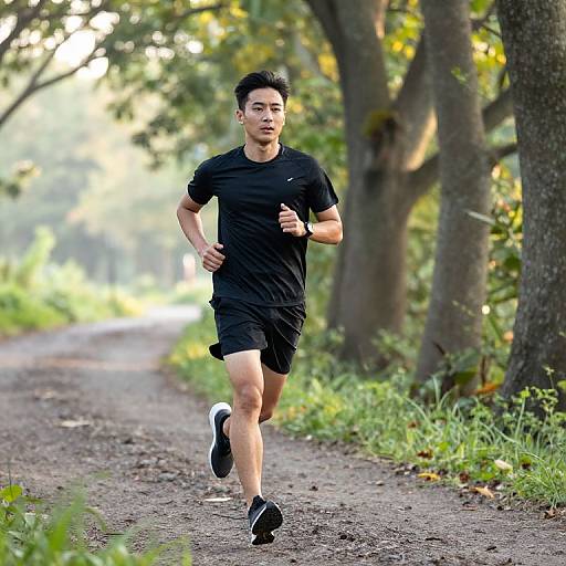 Photograph of an Asian man jogging on a forest path, wearing a black Nike shirt, black shorts, and black sneakers, surrounded by trees and green