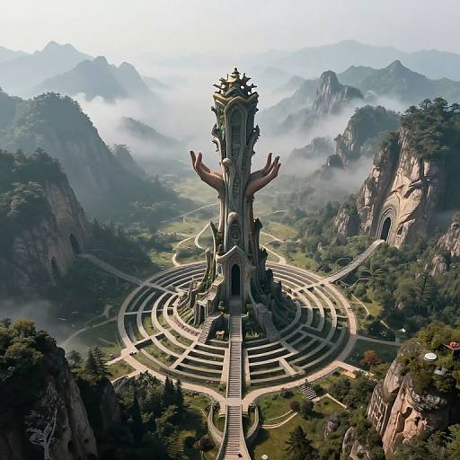 Surreal Tower Amid Enigmatic Mountains
