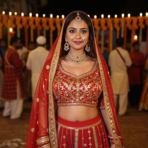 Photograph of a South Asian bride in a red and gold traditional lehenga and crop top, with a veil, jewelry, and makeup, standing in