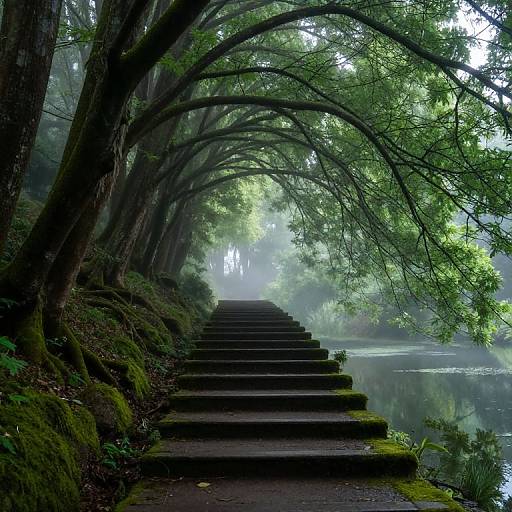 Photograph of a moss-covered stone staircase leading into a misty, lush forest archway with a calm river reflecting the greenery.