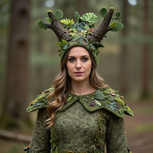 Photograph of a woman with long brown hair, wearing a moss-covered, antlered headpiece and green, leaf-adorned dress, standing