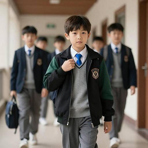 Young Boy Navigating School Hallway