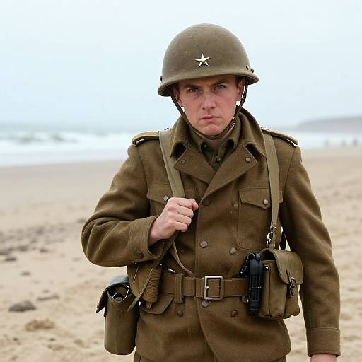 Photograph of a serious young Caucasian male soldier in WWII-era olive green uniform and helmet with star, standing on a sandy beach.