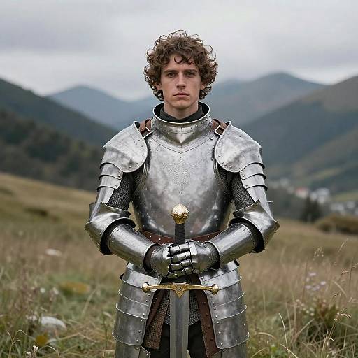 Photograph of a young man with curly brown hair in silver medieval armor, standing in a grassy field with mountains in the background, holding a sword