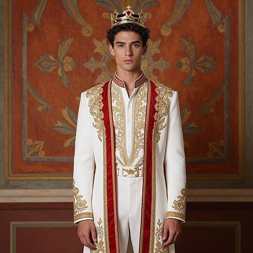 Photograph of a young man with short, curly dark hair, wearing an ornate white royal robe with gold embroidery and red trim, and a gold