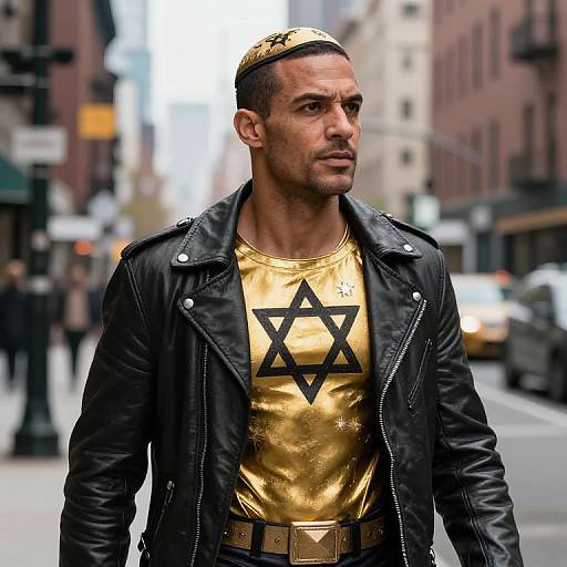 Photograph of a muscular man with tan skin, short dark hair, and a black leather jacket over a gold Star of David shirt, walking on an