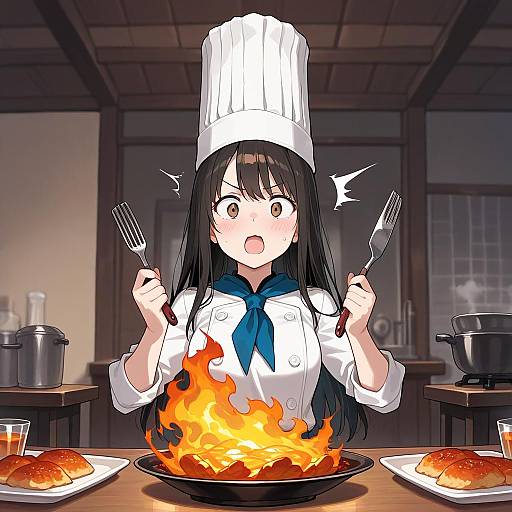 Anime-style drawing of a shocked young female chef with long black hair, white uniform, blue neckerchief, holding forks, in a kitchen with a