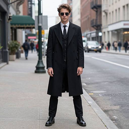 Photograph of a tall, slim man in a black overcoat, suit, tie, and sunglasses, standing confidently on an urban sidewalk.