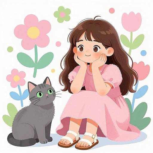 Whimsical Girl with Cat in Bloom