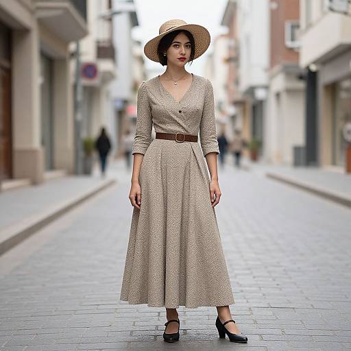 Photograph of a young woman in a beige, long-sleeve, V-neck dress with a brown belt and wide-brimmed hat, standing