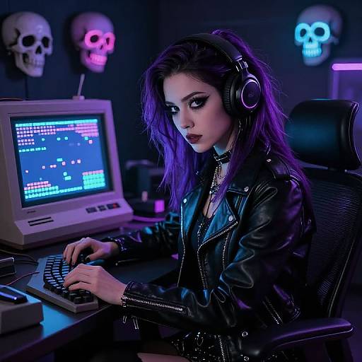 Gothic woman with purple hair, black leather jacket, and headphones, typing on an old computer in a neon-lit room with skull decorations.