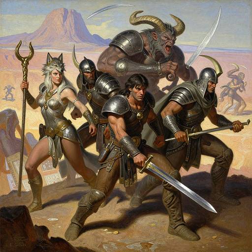 Digital fantasy painting: fierce warrior woman with white hair and cat ears, four armored men, and a snarling minotaur in desert battle.
