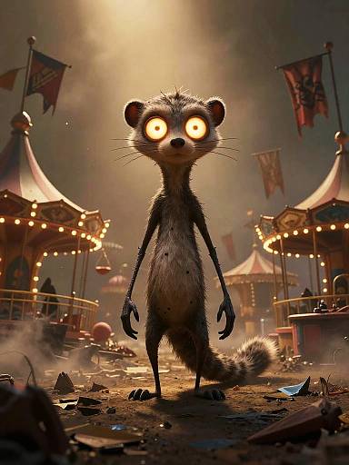 CGI image of a creepy, glowing-eyed, anthropomorphic raccoon standing in a dimly lit, chaotic carnival at night with flags and illuminated tents