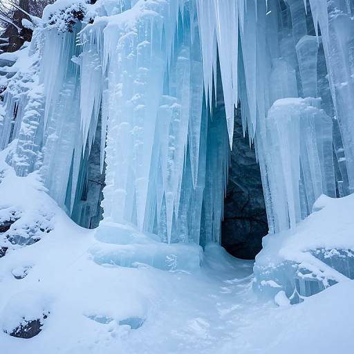 Photograph of a snow-covered ice waterfall with long, sharp icicles hanging from a frozen rock formation, creating a striking blue and white contrast.