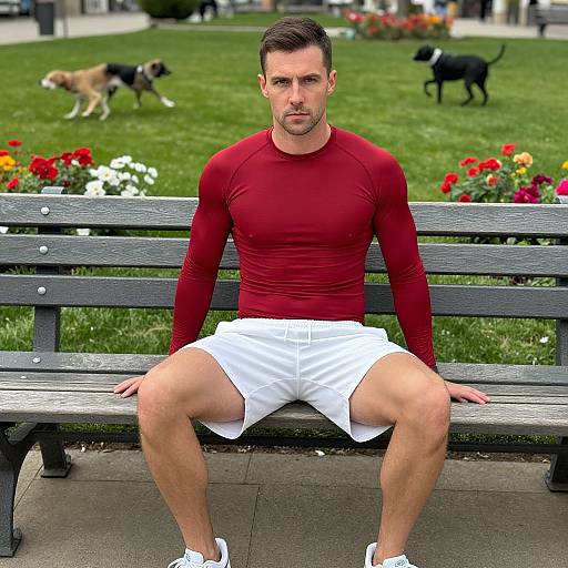 Photograph of a muscular, bearded man in a red long-sleeve shirt and white shorts, sitting on a black bench in a park with