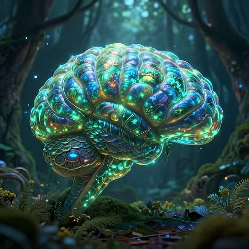 Digital art of a glowing, iridescent brain-like creature in a dark, mystical forest, with vibrant blues, greens, and yellows.