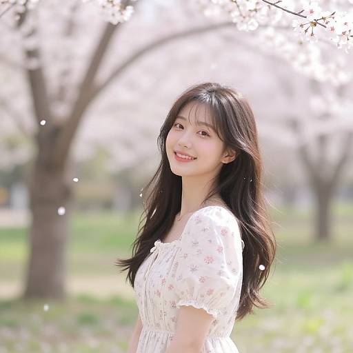 Photograph of a smiling Asian woman with long black hair, wearing a white lace dress, standing in a sunlit park with blooming cherry blossom trees
