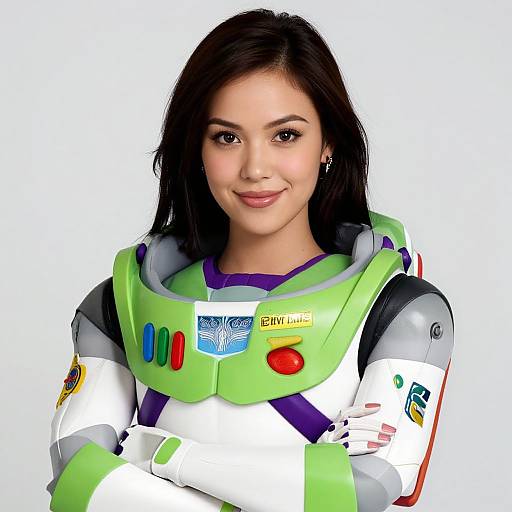 Photorealistic CGI portrait of an Asian woman with long black hair, wearing a colorful, futuristic astronaut suit with green and white armor, smiling against a