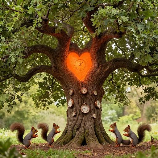 Photograph of a large tree with a glowing heart-shaped light at its trunk, surrounded by five gray squirrels with bushy tails on green grass.