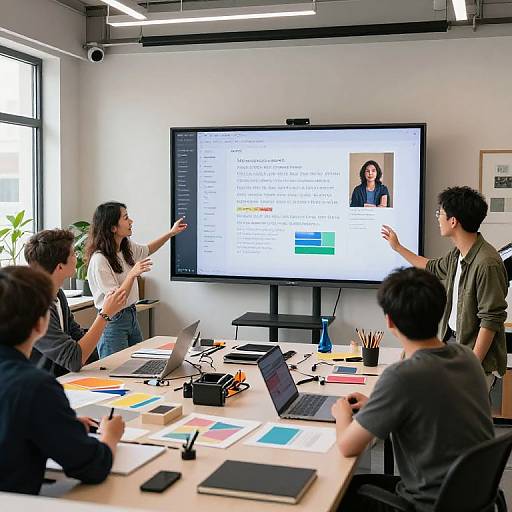 Photograph of a modern office meeting: five diverse professionals, two standing, three seated, discussing a presentation on a large screen.