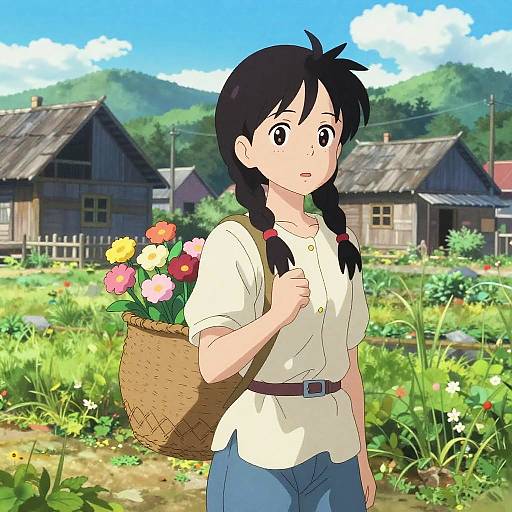 Anime Village Girl with Flowers