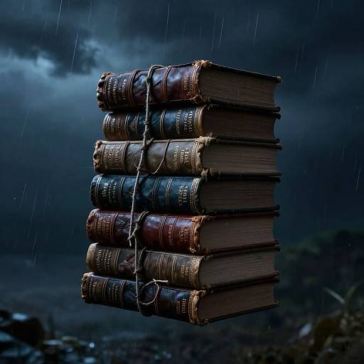 Photograph of a stack of eight old, leather-bound books with gold-embossed titles, floating in a rainy, dark, stormy night sky