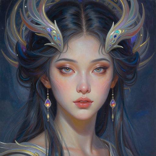 Digital portrait of a fair-skinned, ethereal woman with long, dark hair, wearing a golden, feathered crown, and teardrop earrings