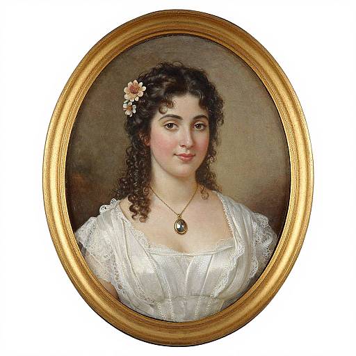 Oval portrait of a fair-skinned woman with curly brown hair, wearing a white lace dress, flower in hair, gold necklace, and gold frame