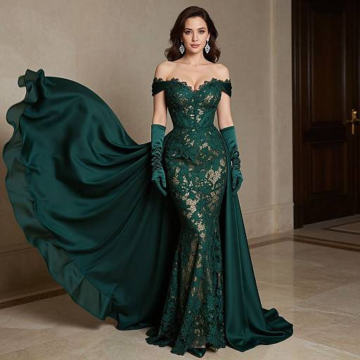Photograph of a brunette woman in an off-shoulder, emerald green lace gown with long gloves, flowing skirt, and dangling earrings, standing