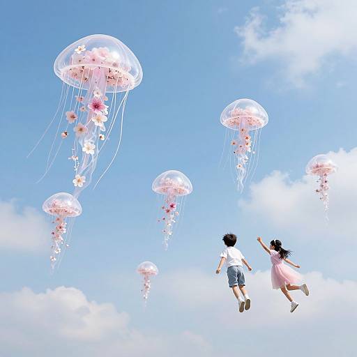 Photograph of a child in a white shirt and shorts, and a girl in a pink dress, jumping amidst floating pink jellyfish against a bright blue