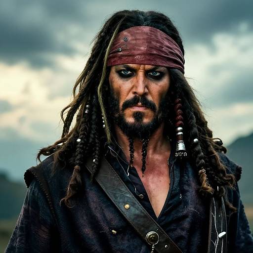 Photograph of a rugged pirate with long, dirty dreadlocks, black eye makeup, red headband, black shirt, and beads, against a cloudy